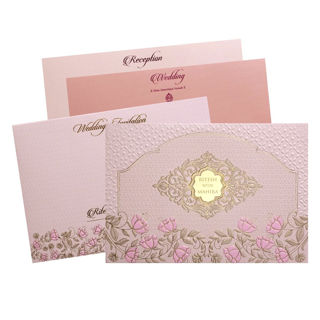 Pink Embossed Floral Padded Wedding Card-KMMWD1121