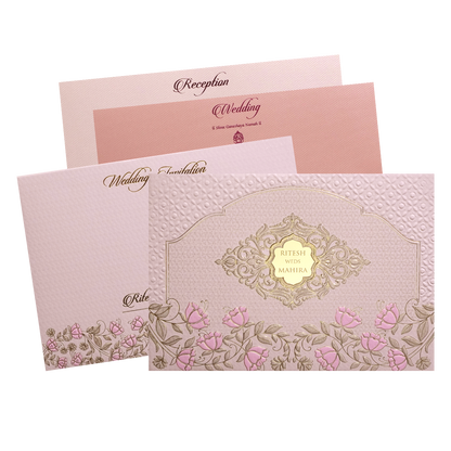 Pink Embossed Floral Padded Wedding Card-KMMWD1121