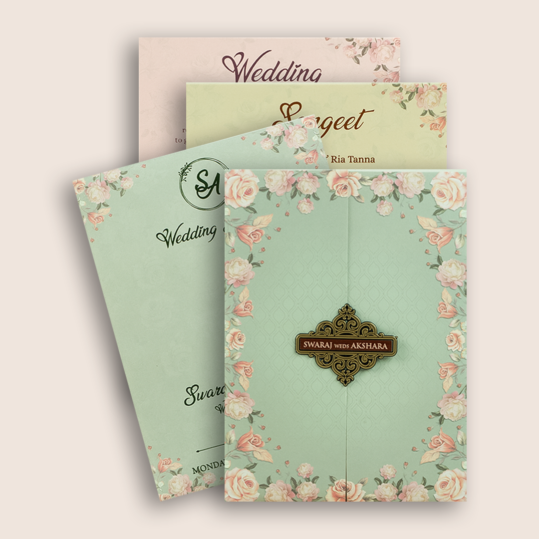 Green Rose Floral Door Style Wedding Card - KVN07240