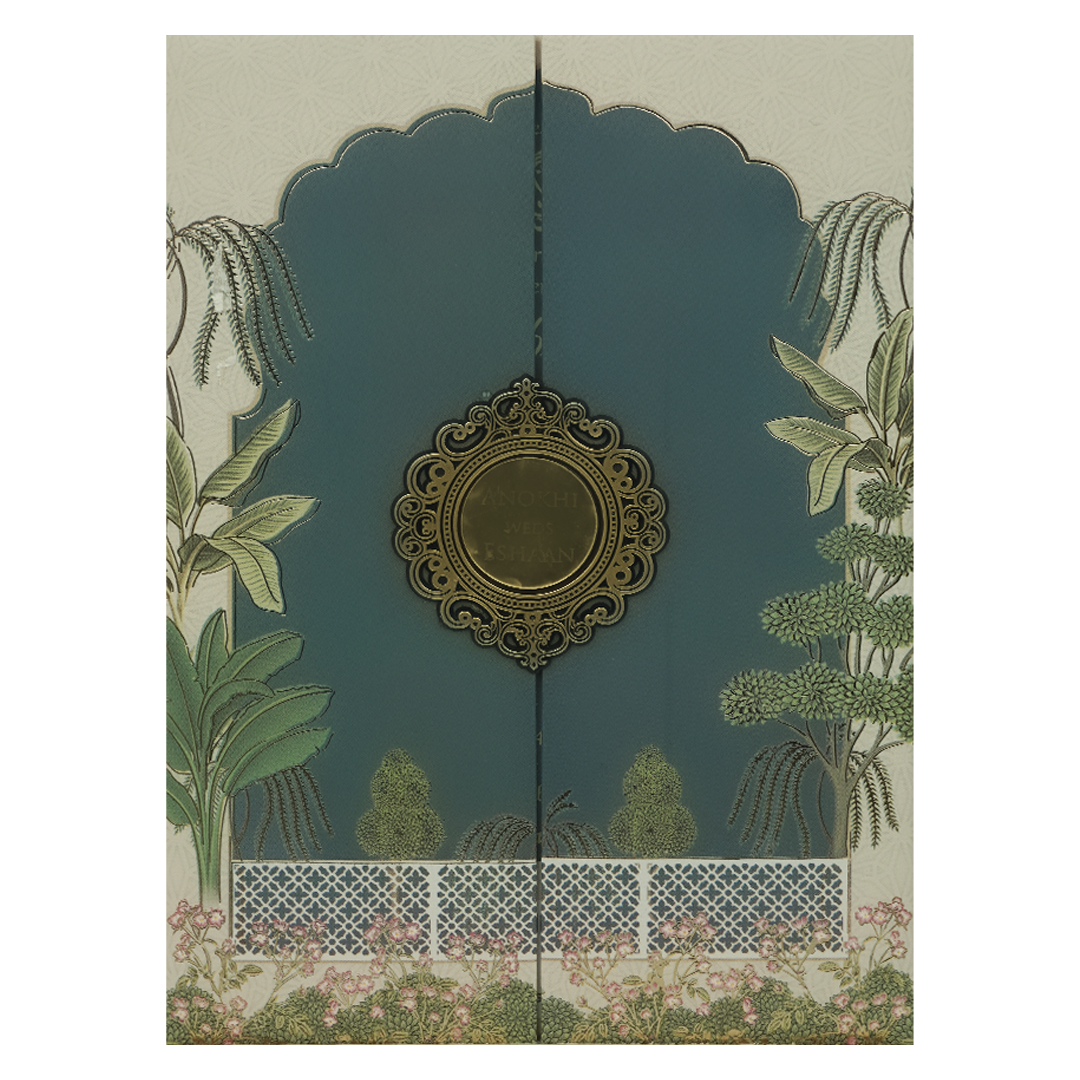 Blue Pastel Garden Padded Wedding Card-KJTS3676
