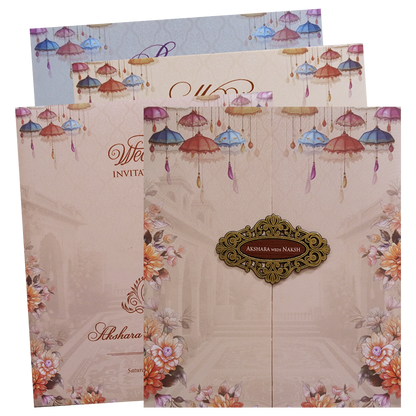 Cream Umbrella Floral Door Wedding Invitation Card - KVN07630