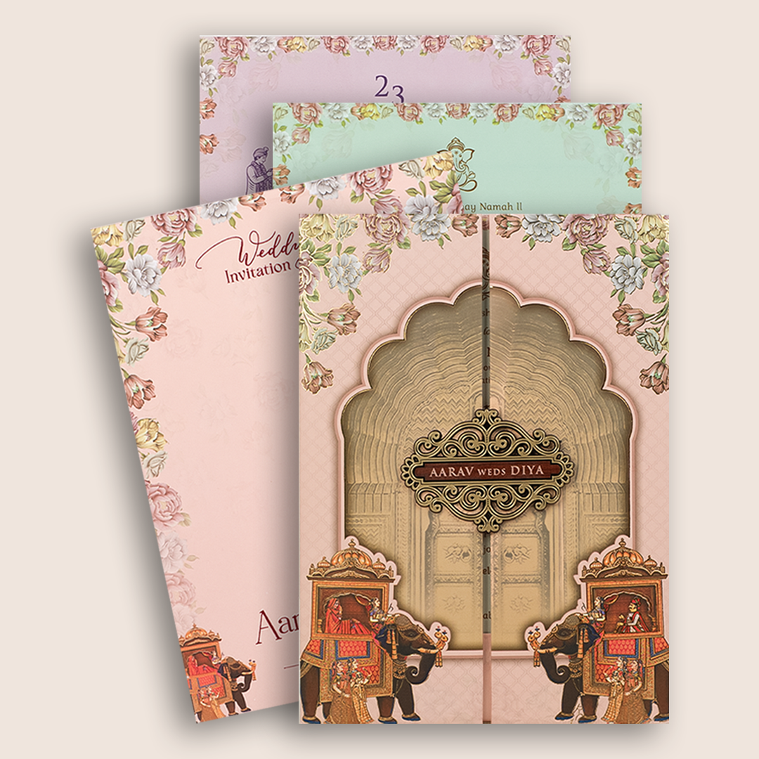 Pink Elephant Arch Padded Door Style Wedding Card - KVN07220