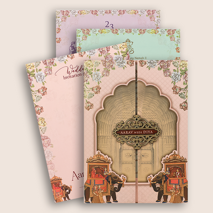 Pink Elephant Arch Padded Door Style Wedding Card - KVN07220