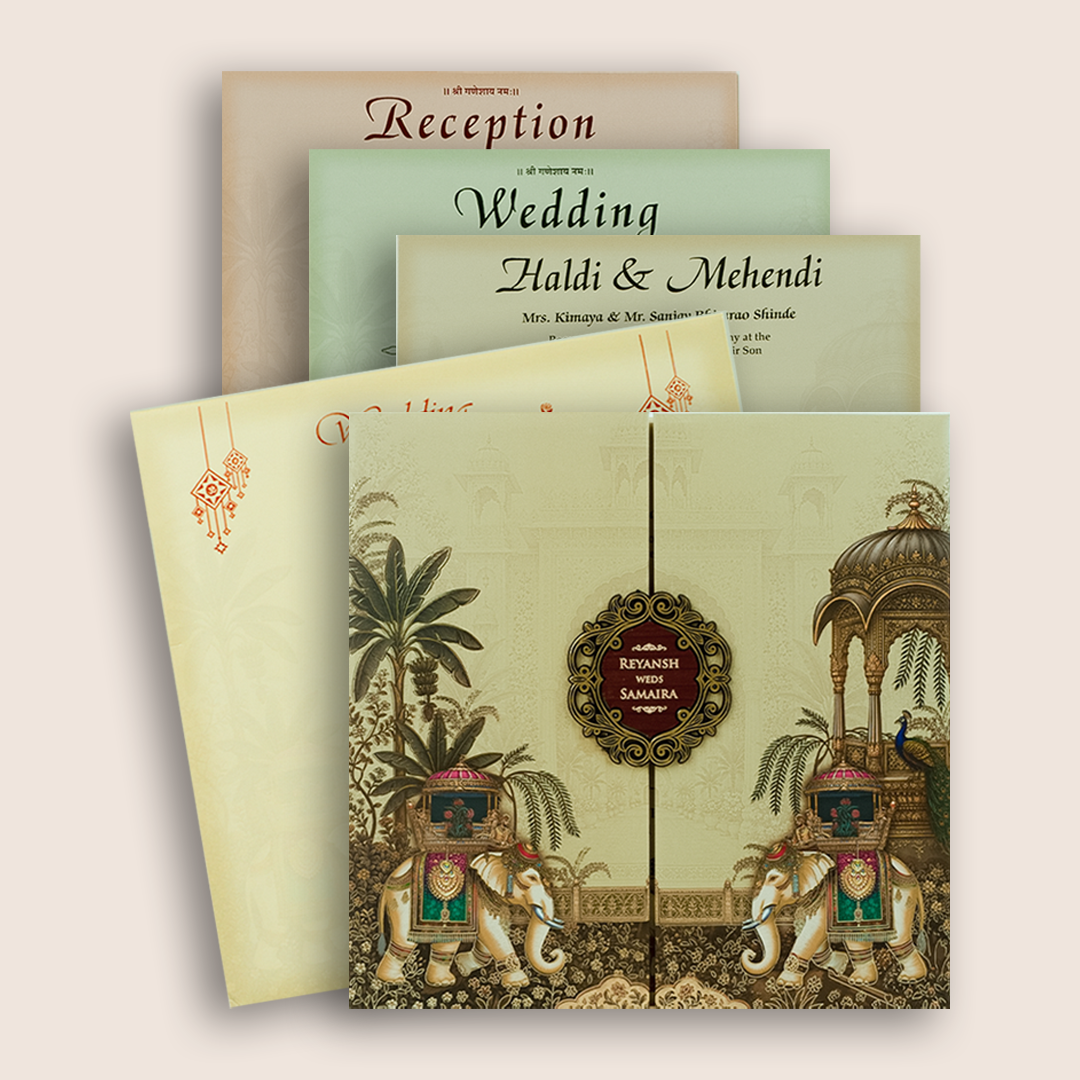 Beige Padded Royal Elephant Door Style Wedding Card - KSH18680