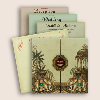 Beige Padded Royal Elephant Door Style Wedding Card - KSH18680