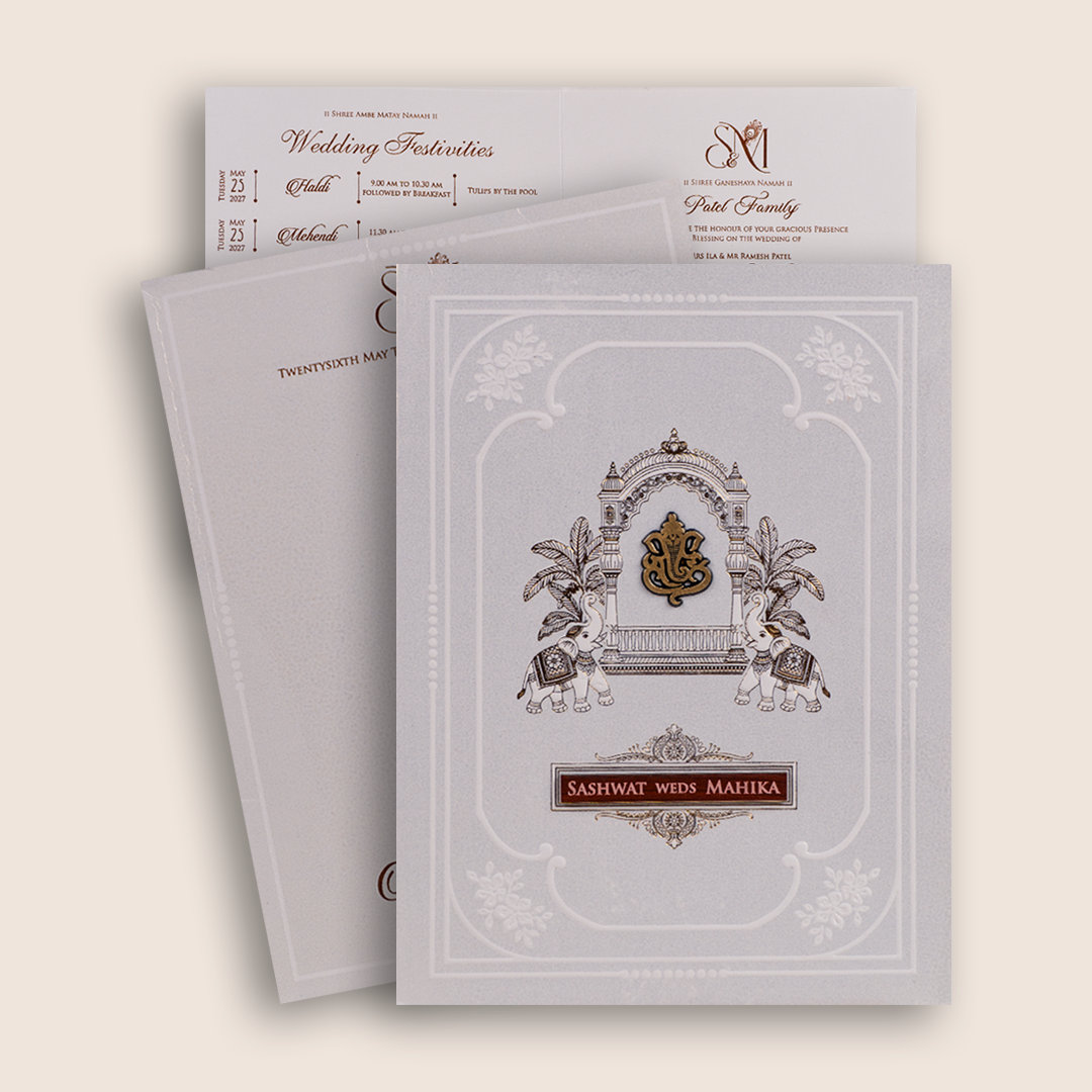 Ivory Embossed Royal Elephant Wedding Invitation Card - KRE29370