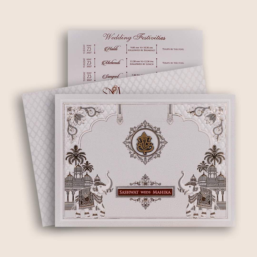 Ivory Embossed Royal Elephant Invitation Card - KRE29450
