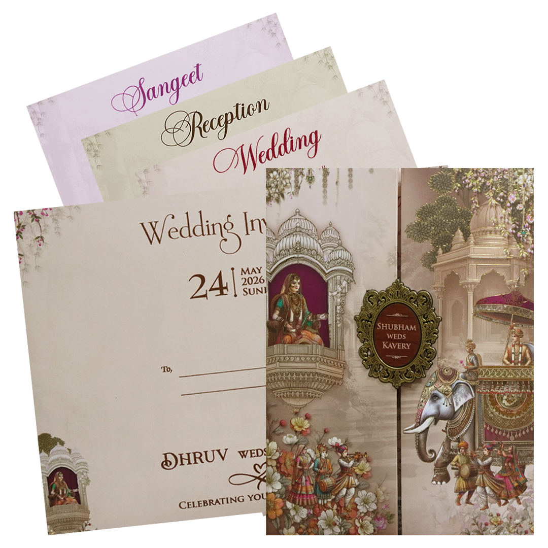 Cream Multicolor Procession Padded Wedding Card - KSH72450