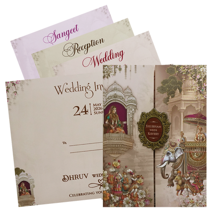 Cream Multicolor Procession Padded Wedding Card - KSH72450