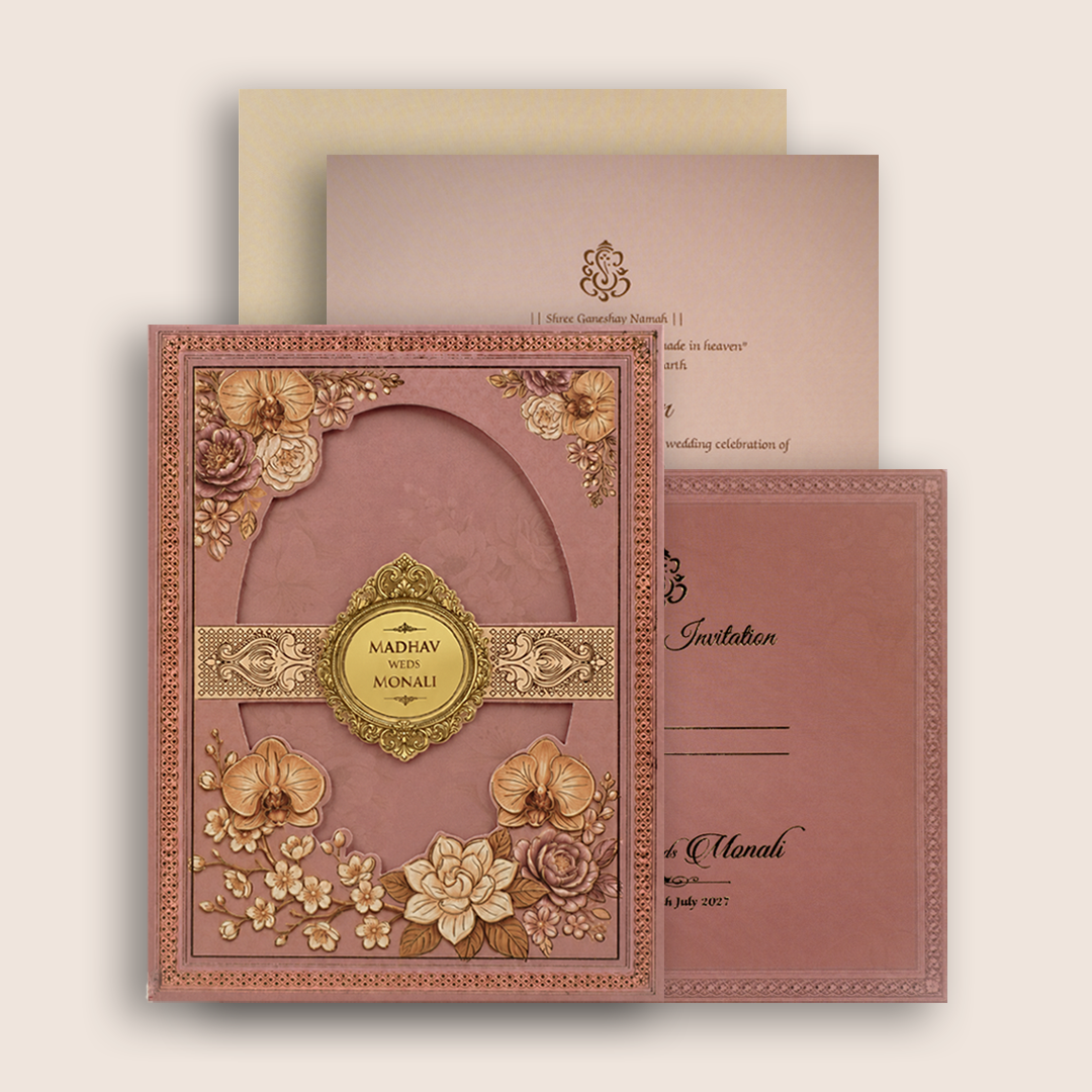 Pink Floral Padded Laser Cut Invitation Card - KJTS3698