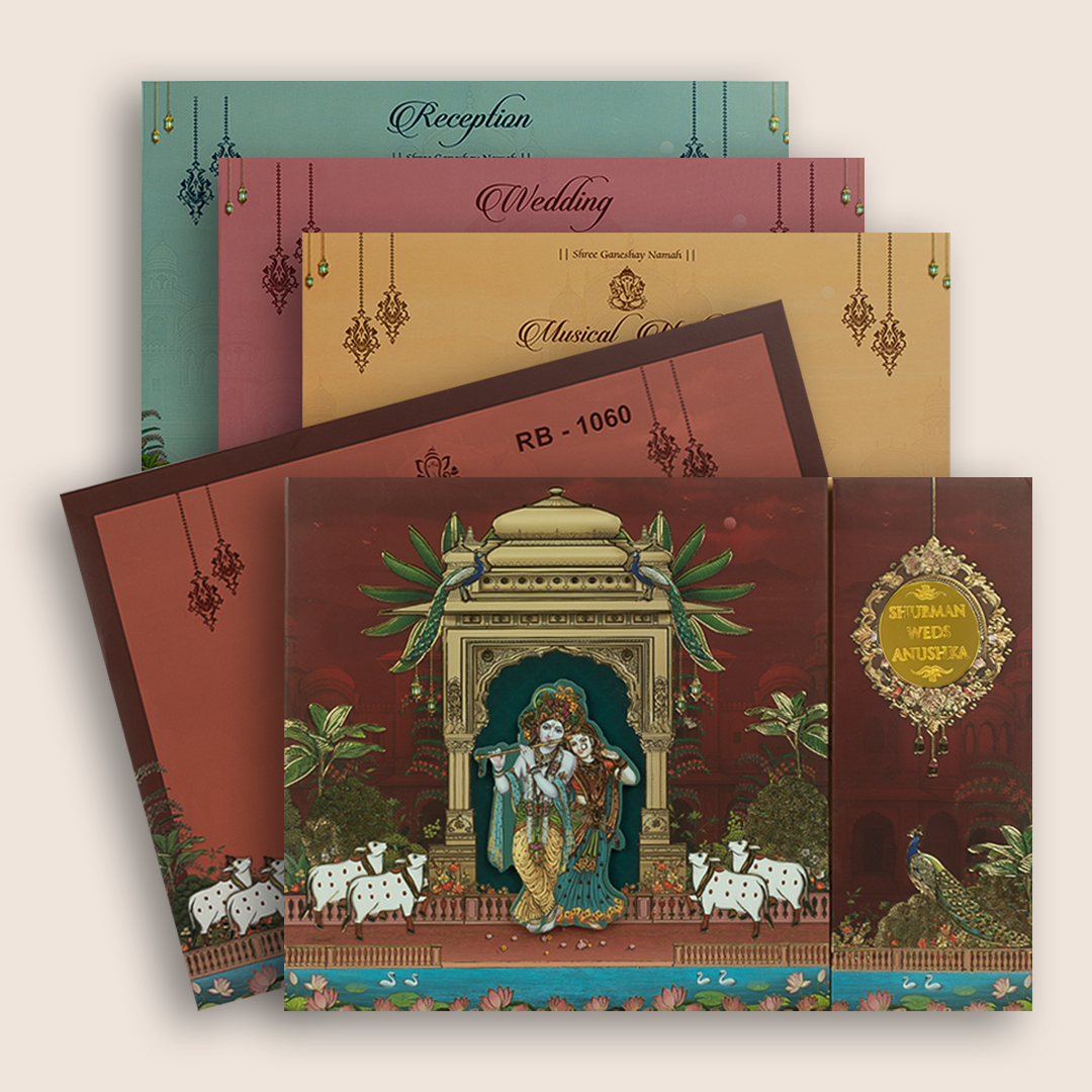 Maroon Lord Radha Krishna Door Style Padded Wedding Invitation - KRB10600