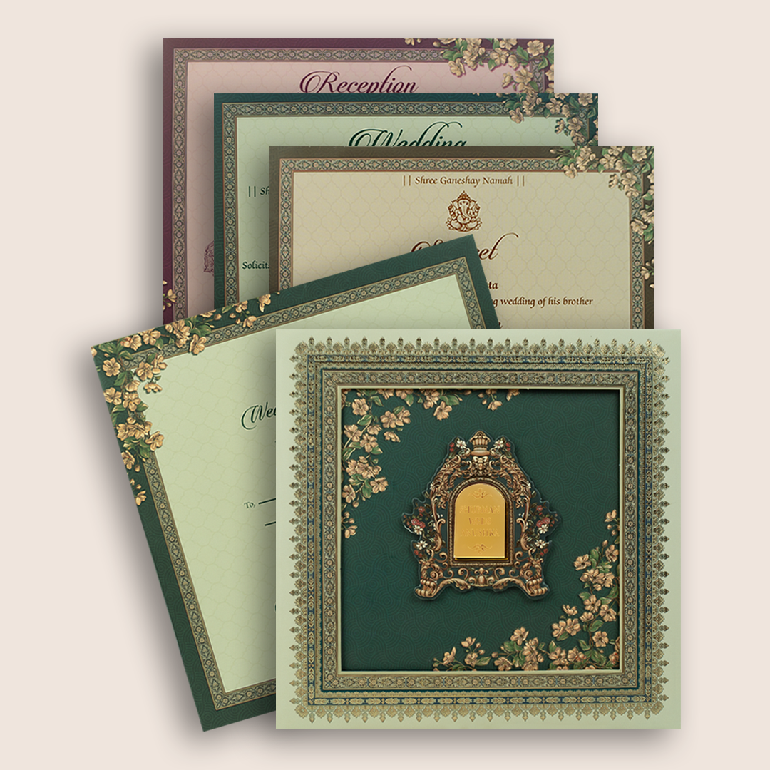 Green Floral Door Style Padded Wedding Invitation - KRB10630