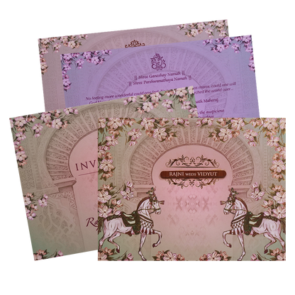 Green Padded Floral Horse Wedding Card- KVN07400