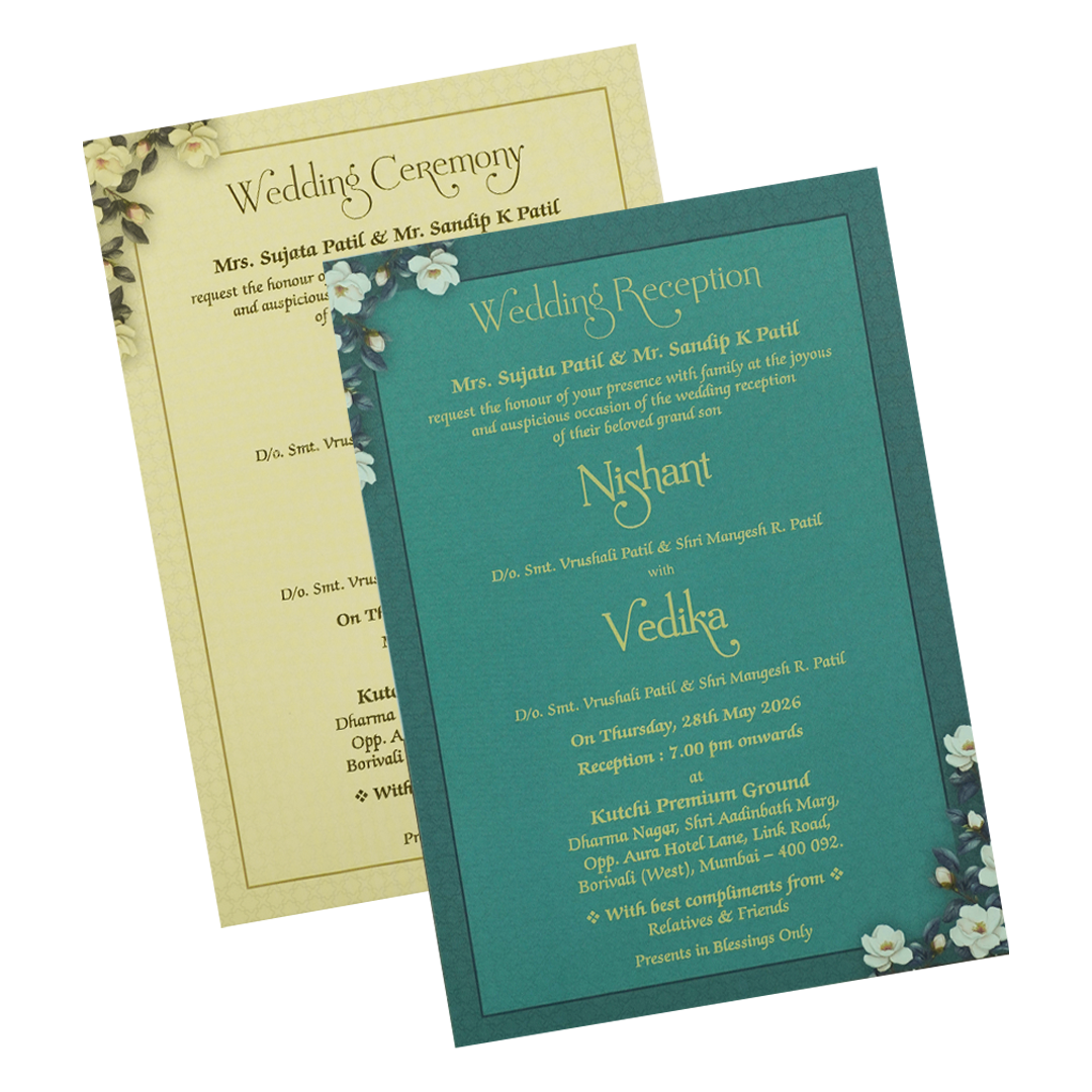 Blue Floral Gold Frame Padded Wedding Card-KRE27970