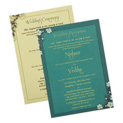 Blue Floral Gold Frame Padded Wedding Card-KRE27970