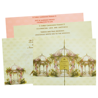 Yellow Pink Dome Gazebo Floral  Padded Wedding Card - KFR16320