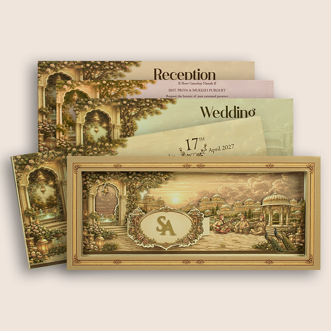 Dark Beige Floral Palace Padded Invitation Card - KPR026220