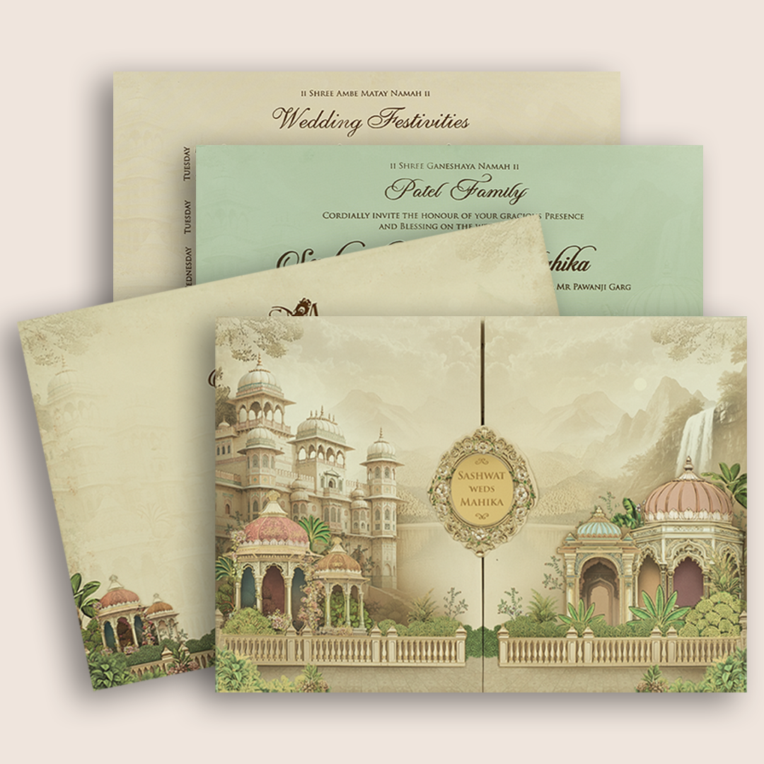 Beige Palace Door Style Padded Invitation Card - KRE28780