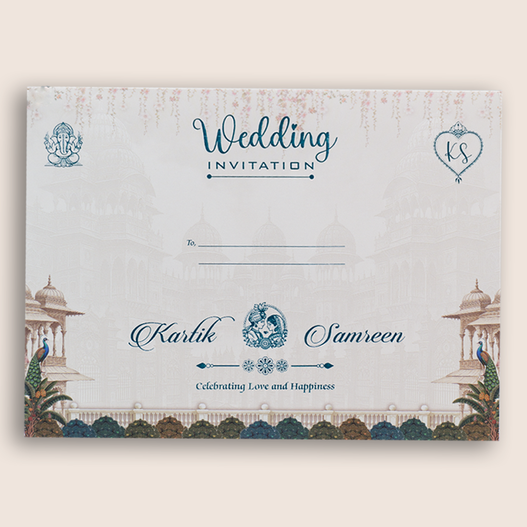 Grey Royal Palace Peacock Padded Wedding Invitation - KSH18910
