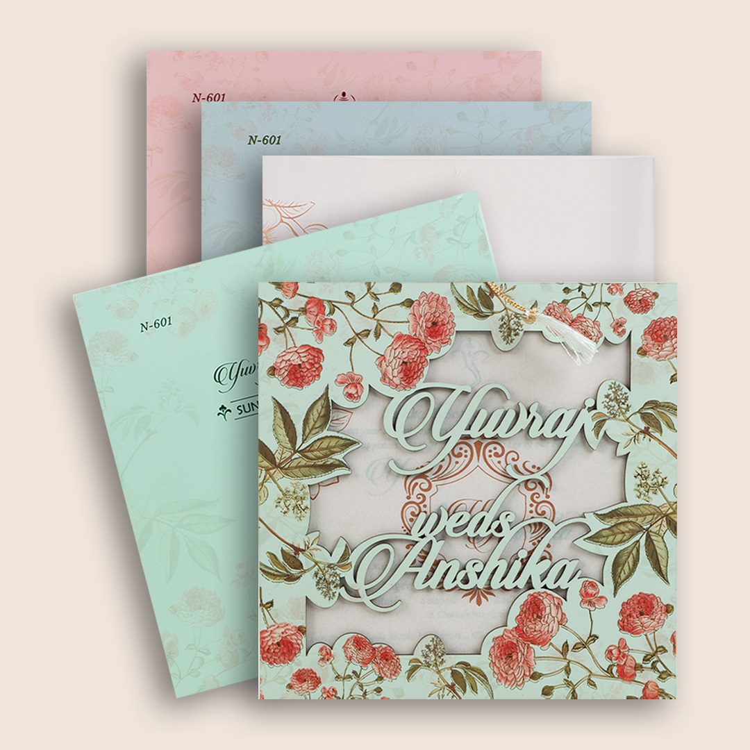 Pastel Green Floral MDF Marriage Invitation - KVN06010