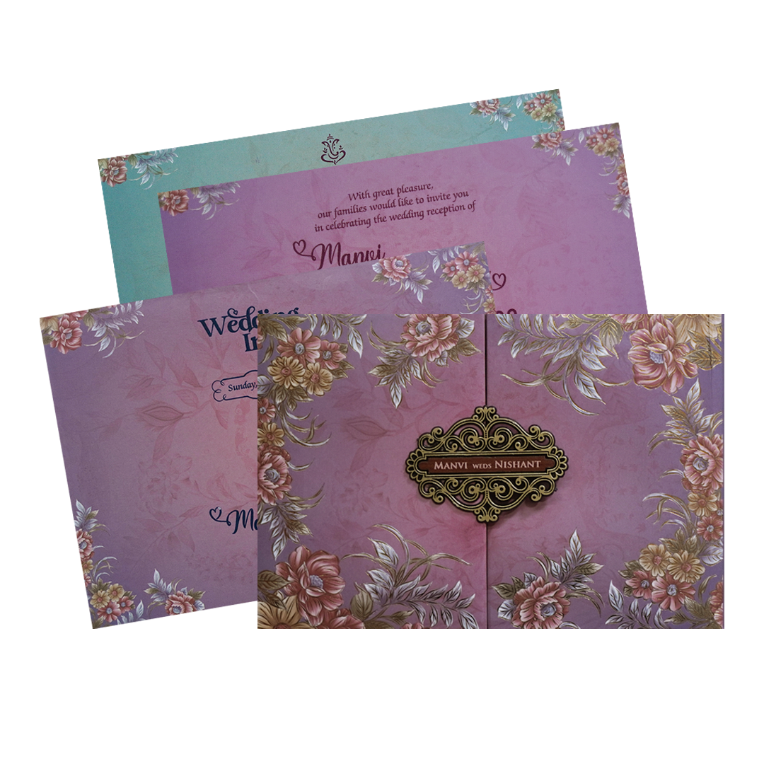 Metallic Purple Padded Floral Wedding Card - KVN07320