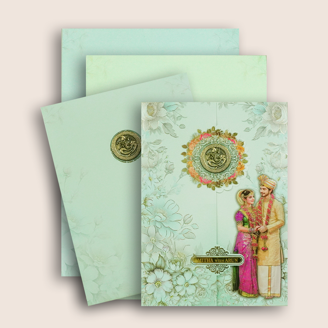 Blue South Indian Bride Groom Wedding Card - KNAR2404