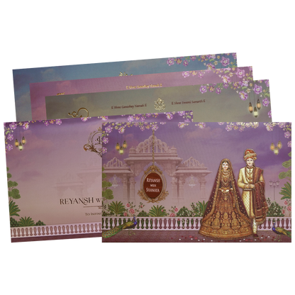 Royal Couple Purple Palace Padded Wedding Card - KVN07740