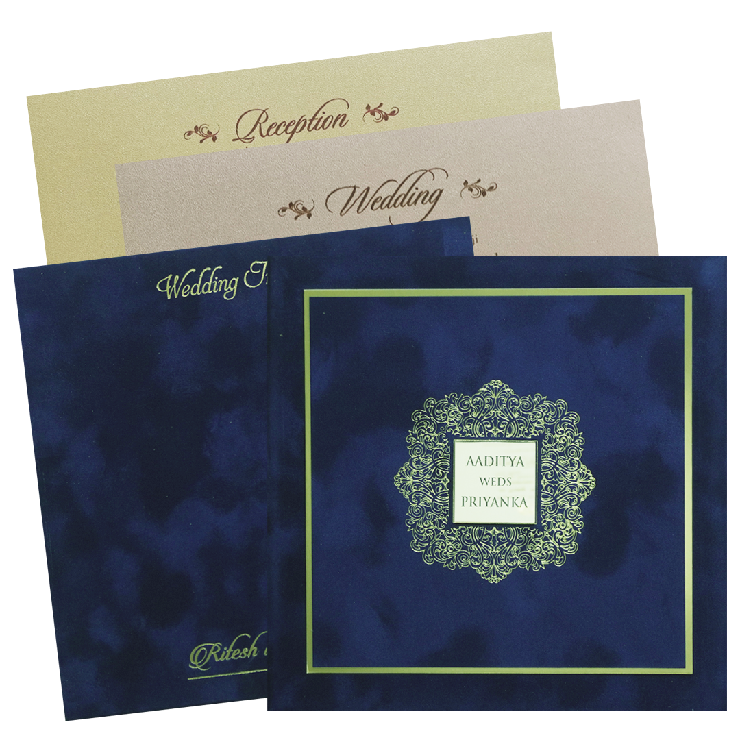 Royal Blue Velvet  Padded Square Wedding Card-KMMWD1151