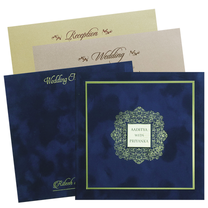 Royal Blue Velvet  Padded Square Wedding Card-KMMWD1151