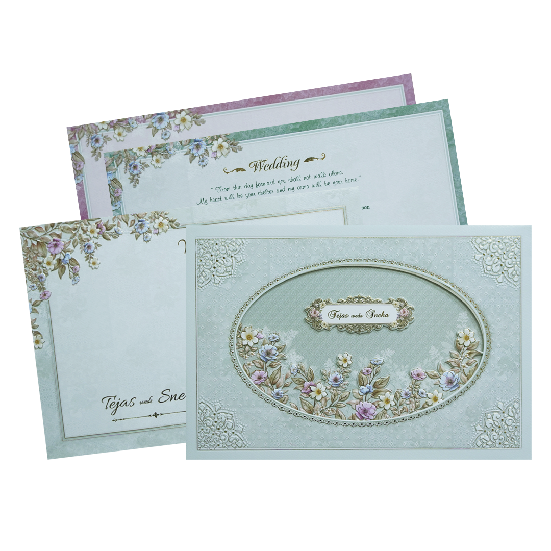 Green Laser Cut Padded Floral Embossed Wedding Card-KMMEX8090