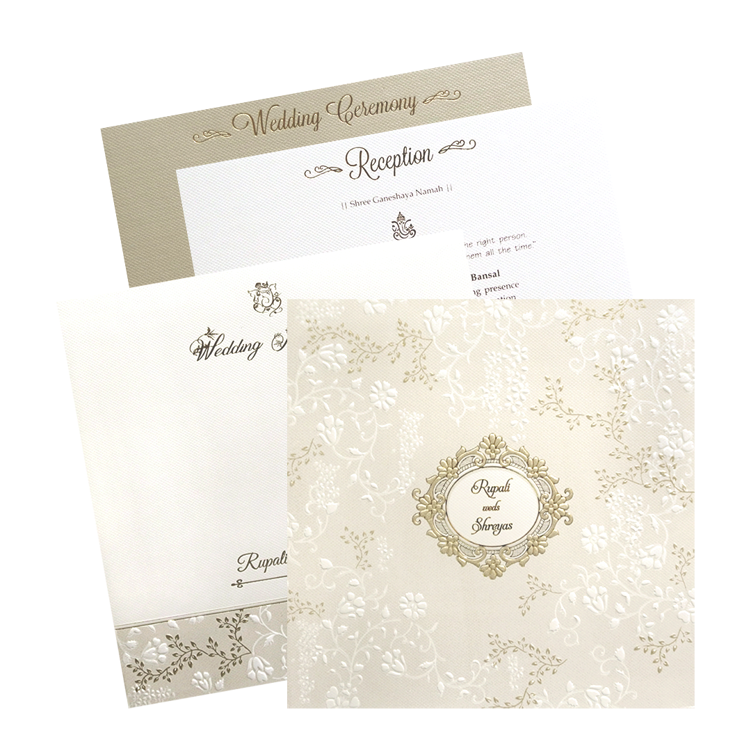 Cream Gold Floral Embossed Padded Wedding Card - KMMWD1123