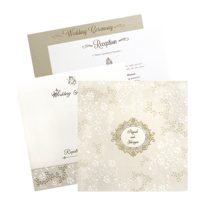 Cream Gold Floral Embossed Padded Wedding Card - KMMWD1123