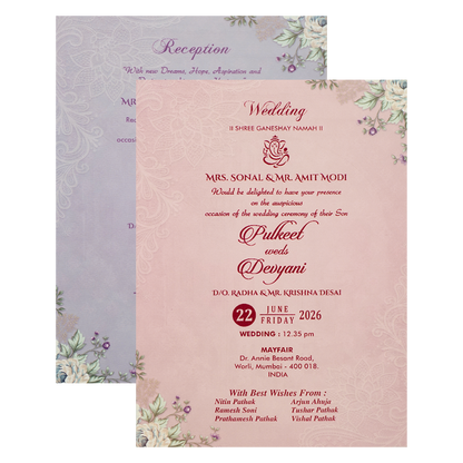 Blue Floral Lantern Padded Wedding Card-KJTS1833