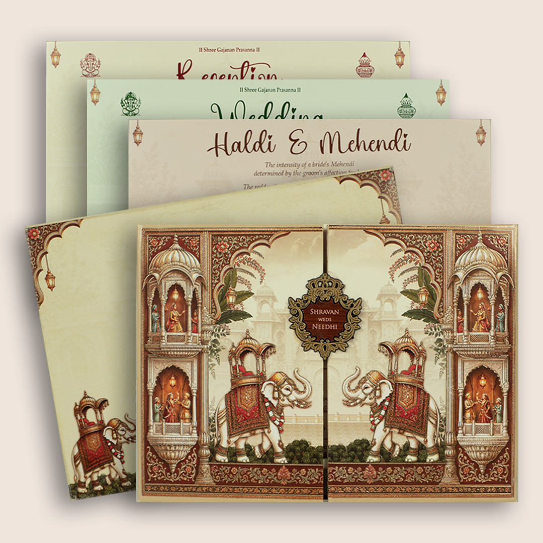 Beige Royal Elephant Door Style Wedding Card - KSH18890