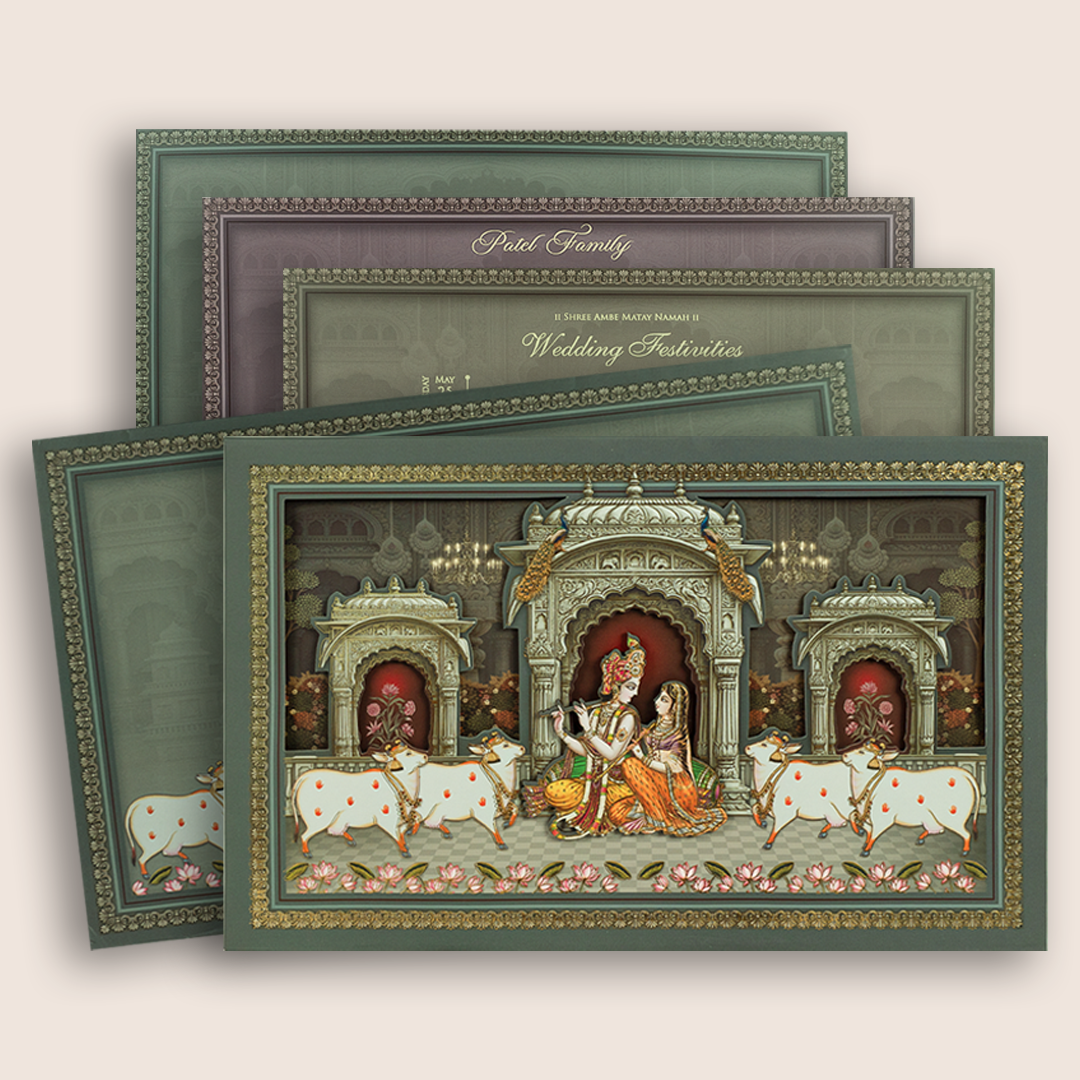 Grey Lord Radha Krishna Laser Cut Padded Marriage Card - KRE28870