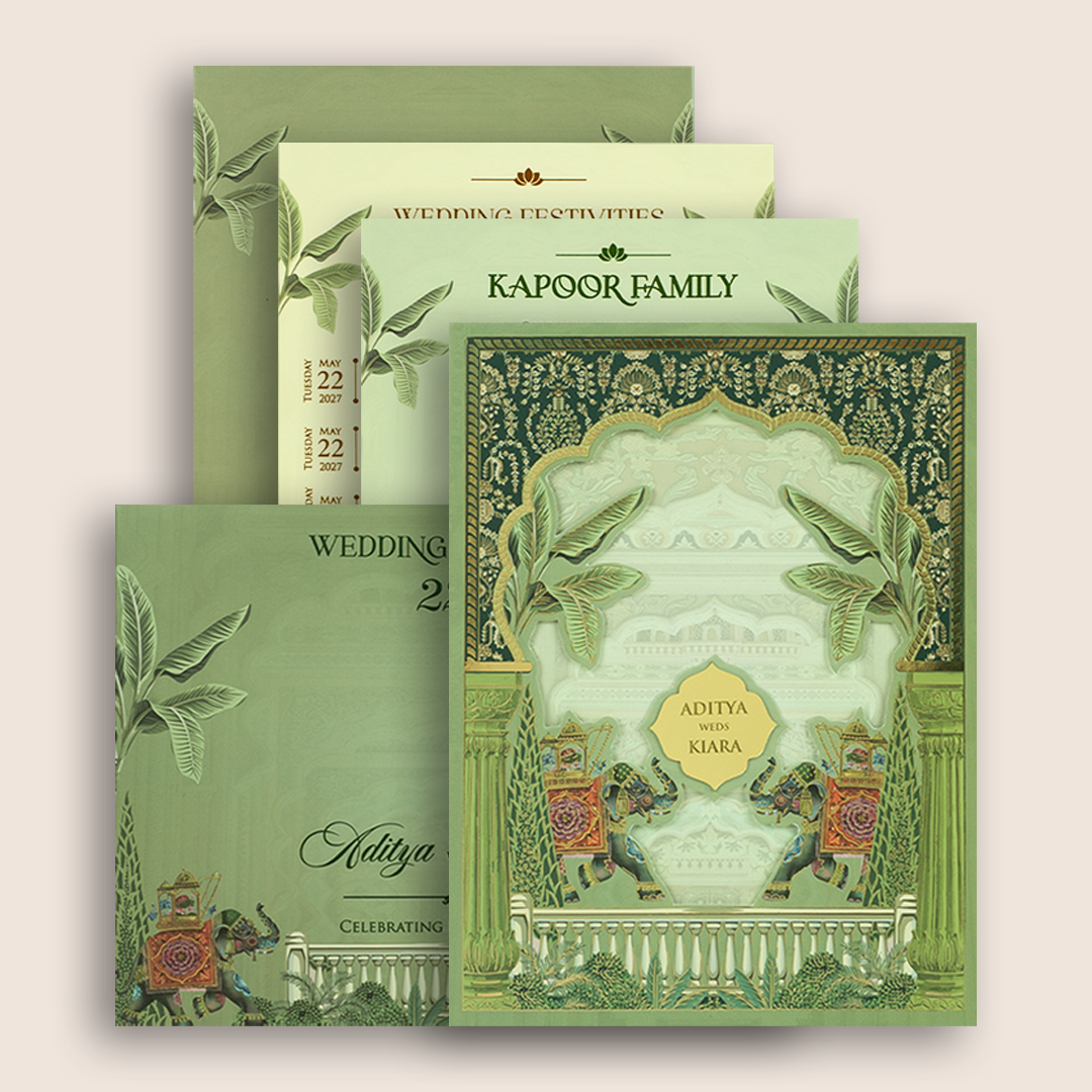 Green Royal Elephant Padded Wedding Invitation - KFR16260