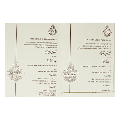 White Monogram Ganesha Embossed Wedding card-KRE28440