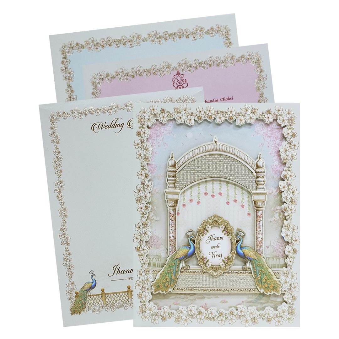 White Gold Lasercut Peacock Palace Padded Wedding Card-KMMEX8150