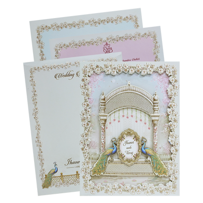 White Gold Lasercut Peacock Palace Padded Wedding Card-KMMEX8150