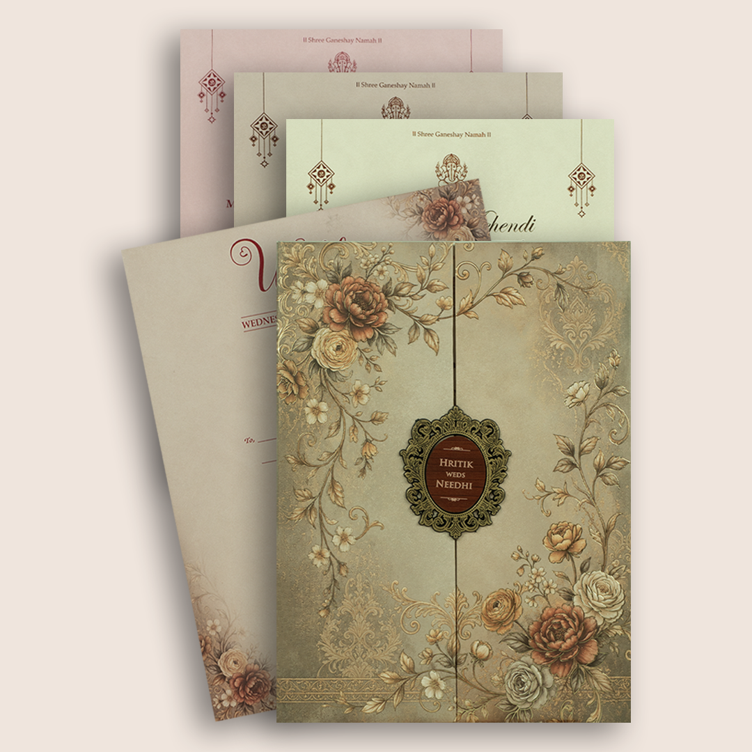 Pastel Brown Floral Door Style Padded Wedding Invitation - KSH27080