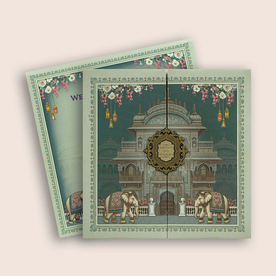 Green Elephant Floral Door Style Padded Wedding Card - KJTS1925