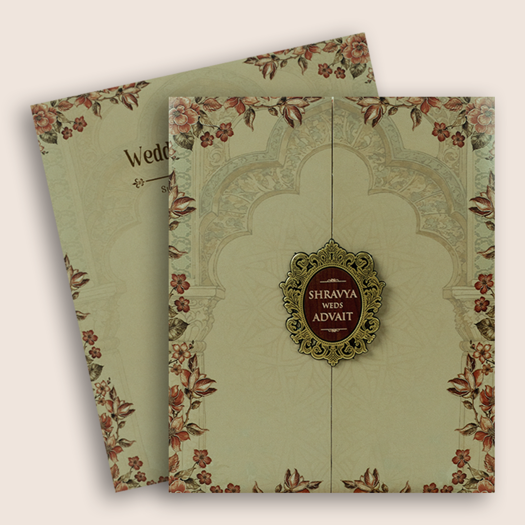 Beige Floral Door Style Wedding Card - KVN07590