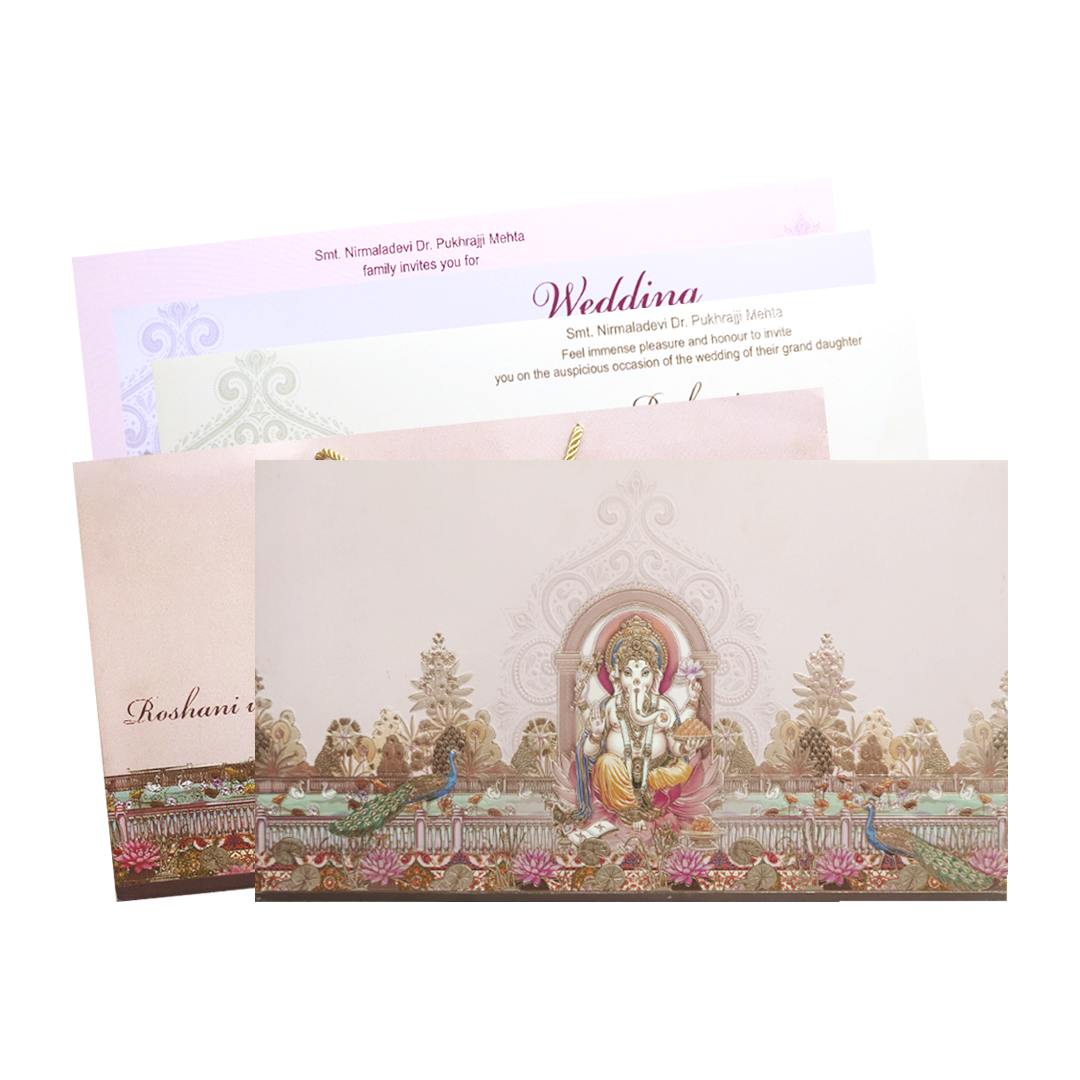 Pastel Pink Ganesh Peacock Wedding Invitation Card-KPR24630