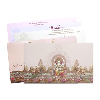 Check out Pastel Pink Ganesh Peacock Wedding Invitation Card at best price. ?WhatsApp Support ?Express Delivery.