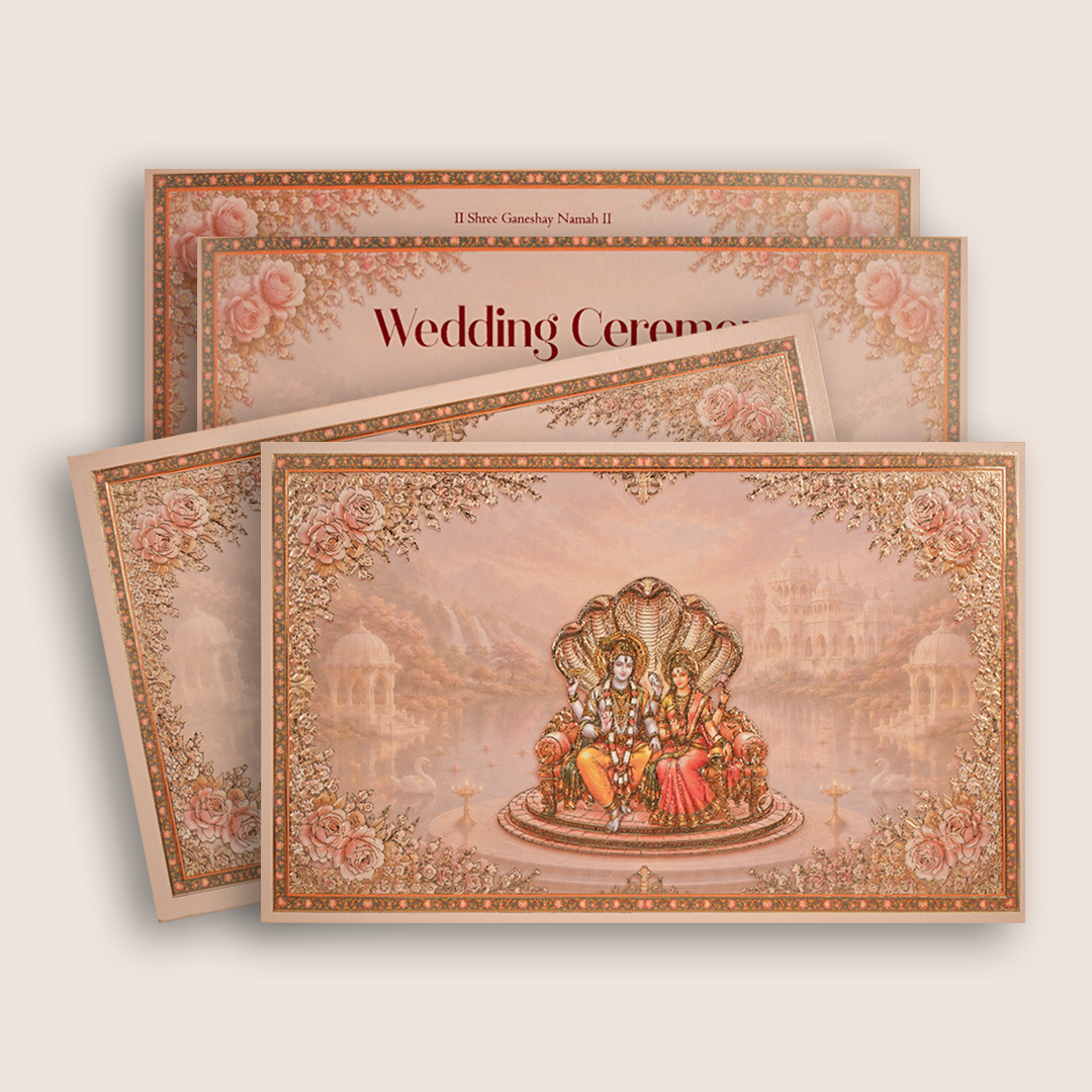 Pink Lord Lakshmi Narayan Embossed Floral Wedding Card- KPR07050