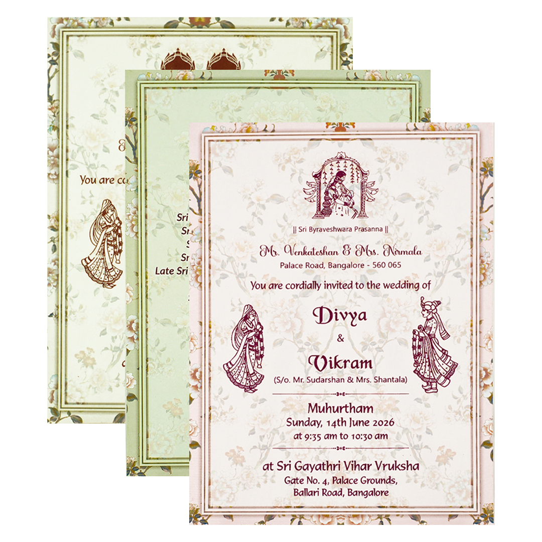 Ivory Green Floral Laser-cut Wedding Card-KNZT2301