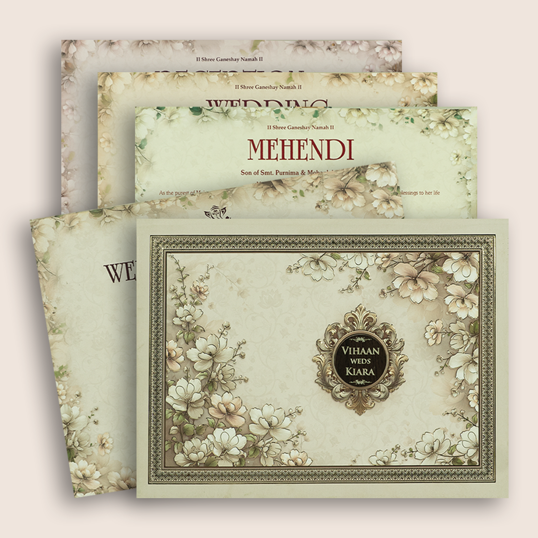 White Floral Embossed Padded Wedding Card - KSH18920