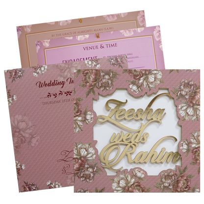 Pink Floral Script Acrylic Padded Wedding Card - KVN07510