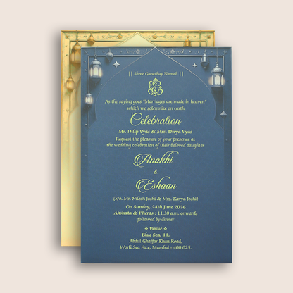 Royal Blue Floral Padded Door Style Wedding Card - KJTS3678