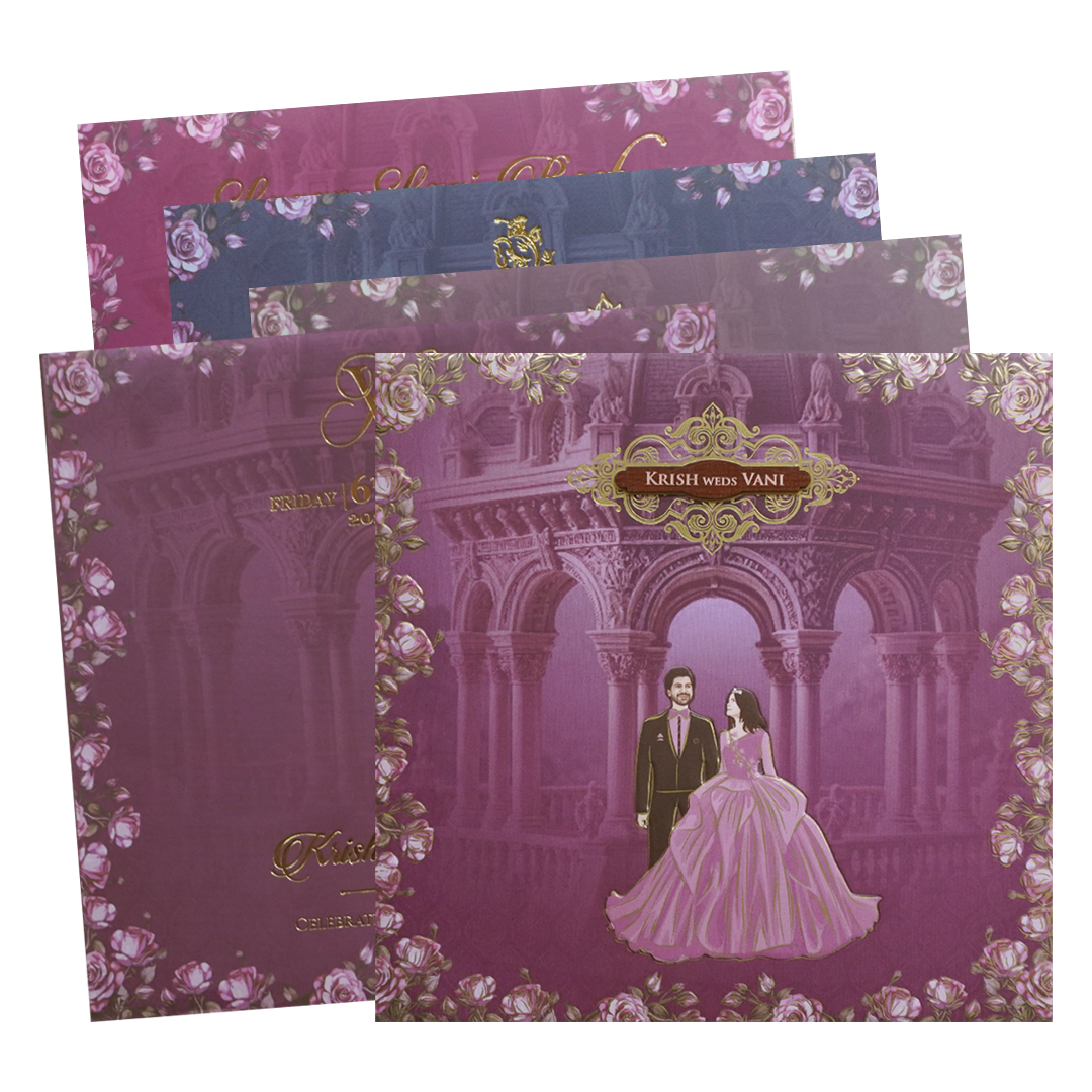 Purple Palace Rose Padded Couple Wedding Card - KVN07660